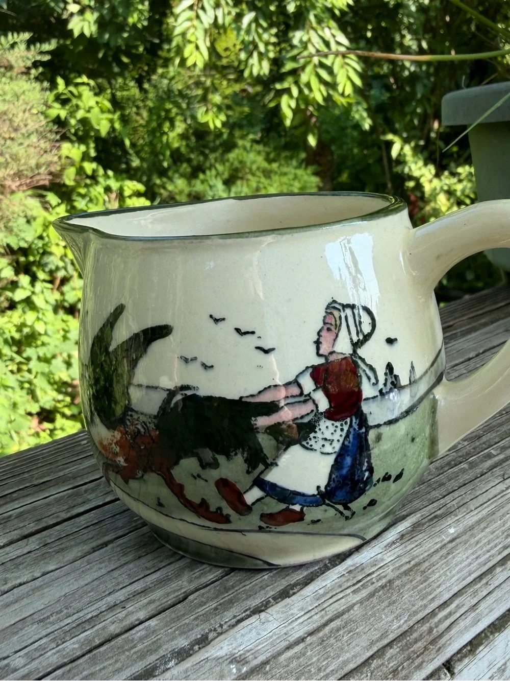 Made in Austria Creamer Woman Chasing Rooster 7258 Sage green And Cream